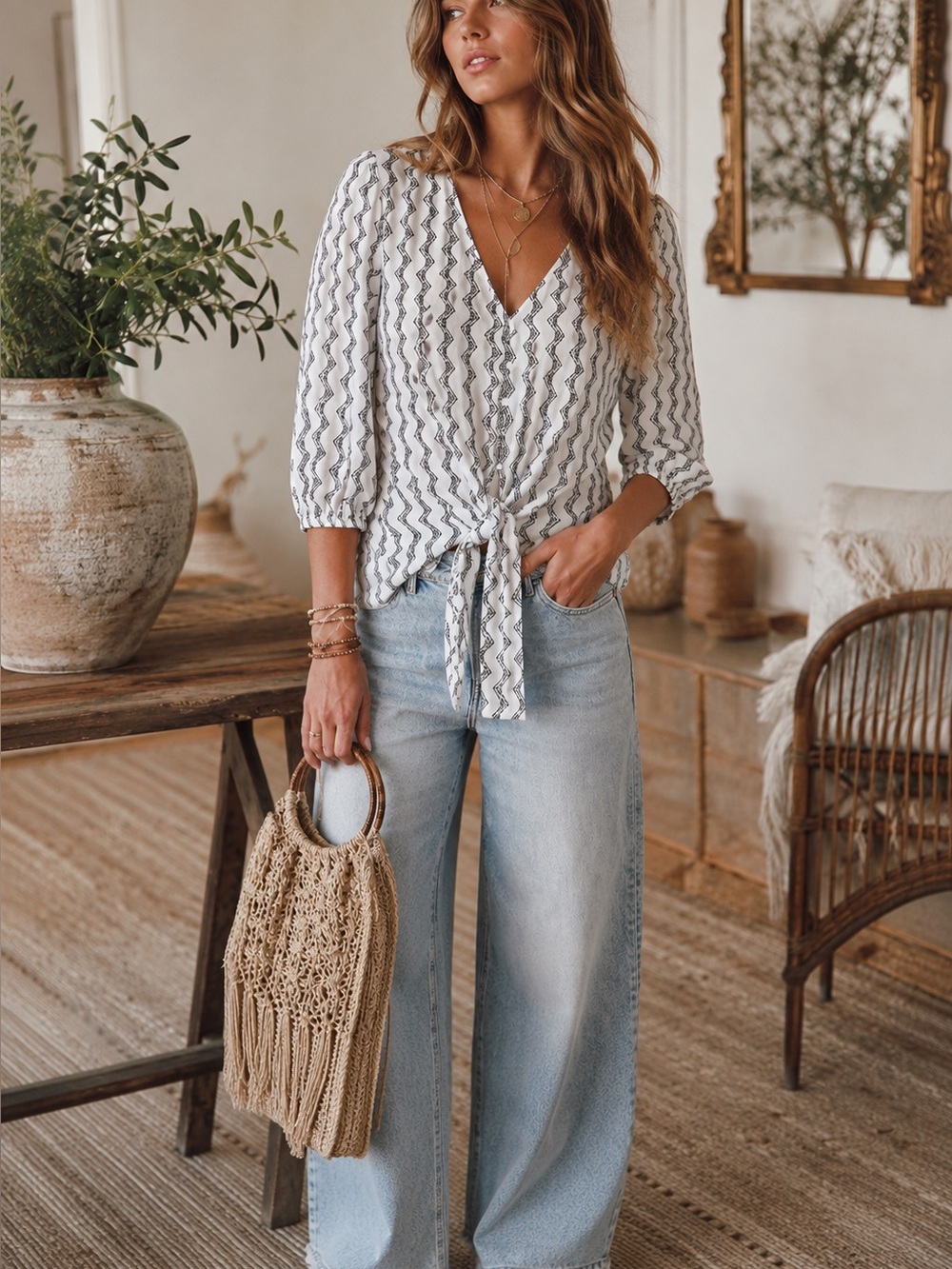 Fifty Street Medium White Black Zigzag Tie Front 3/4 Sleeve Blouse Top